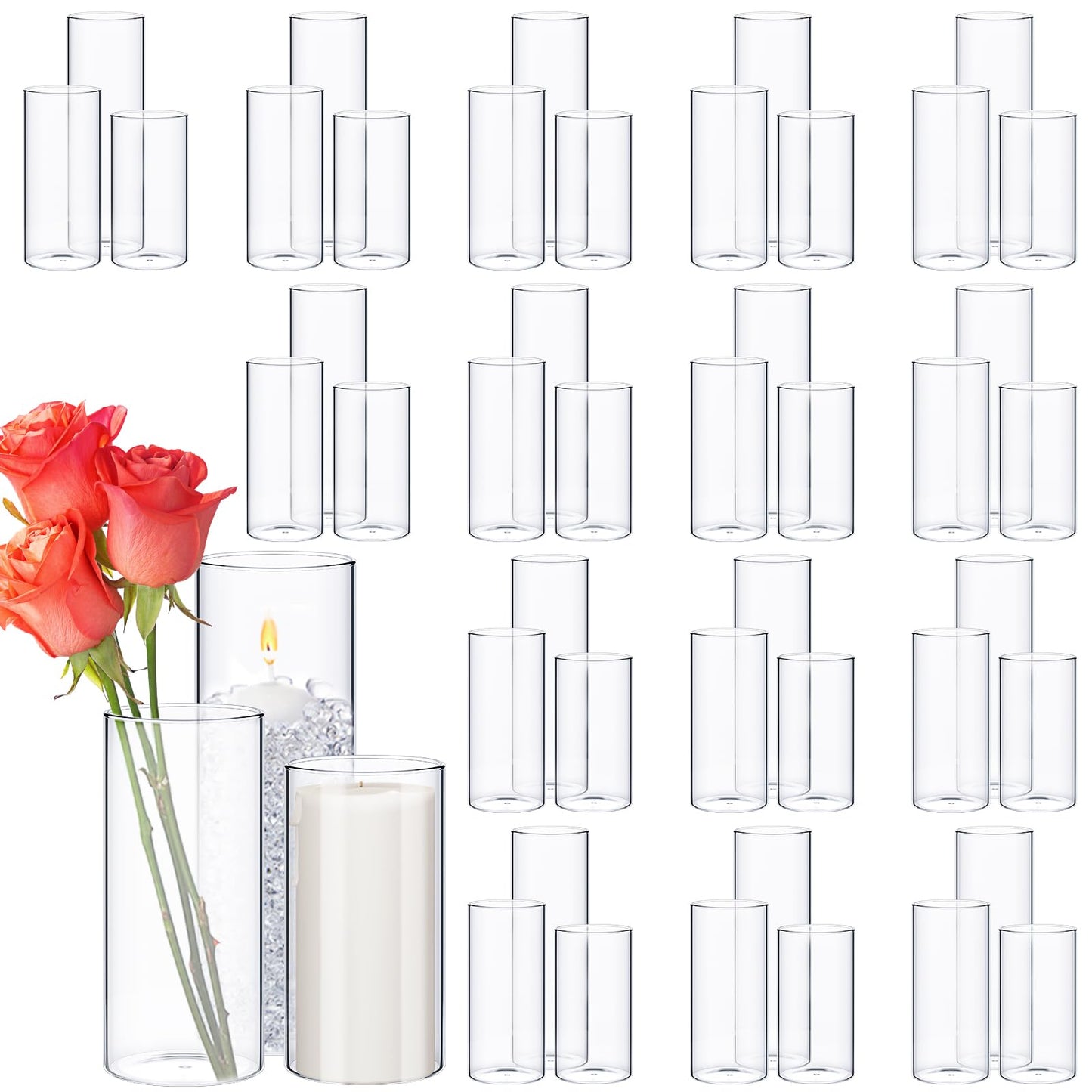 Didaey 48 Pcs Thin Cylinder Vases Set for Centerpieces 2.5'' Diameter 2mm Thickness Clear Glass Vase Hurricane Floating Candle Holder for Wedding Table Decoration (2.5'' X 5'',6'',8'')