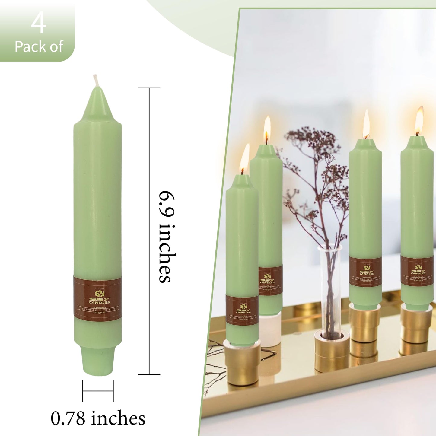 Unscented Taper Candles 7 in Small Candlesticks Light Green Candles 4 Pack for Dinner Household Wedding Party Home Décor