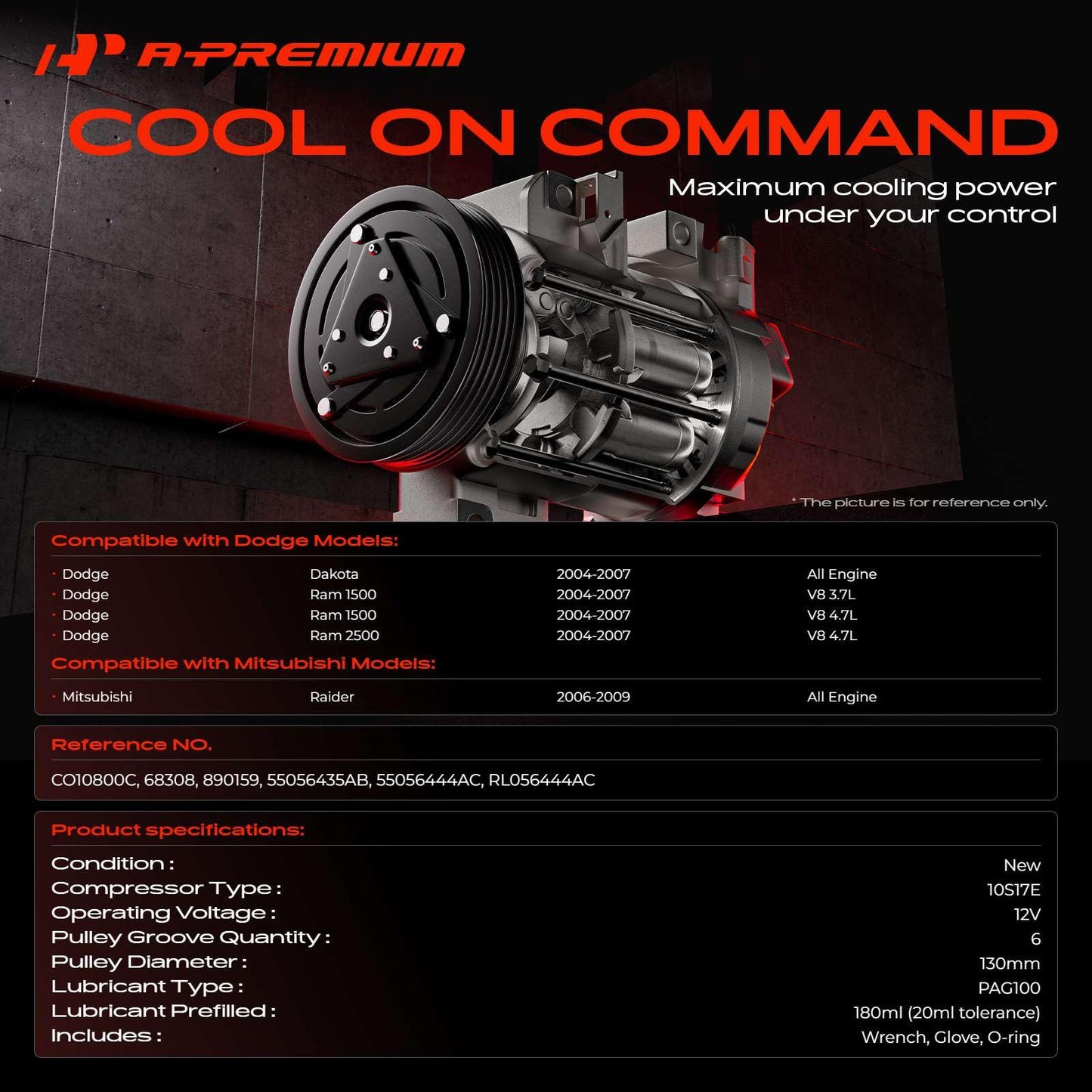 A-Premium Air Conditioner AC Compressor with Clutch Compatible with Dodge Ram 1500 2004-2007, Ram 2500 2004-2007, Dakota 2004-2007 & Mitsubishi Raider 2006-2007