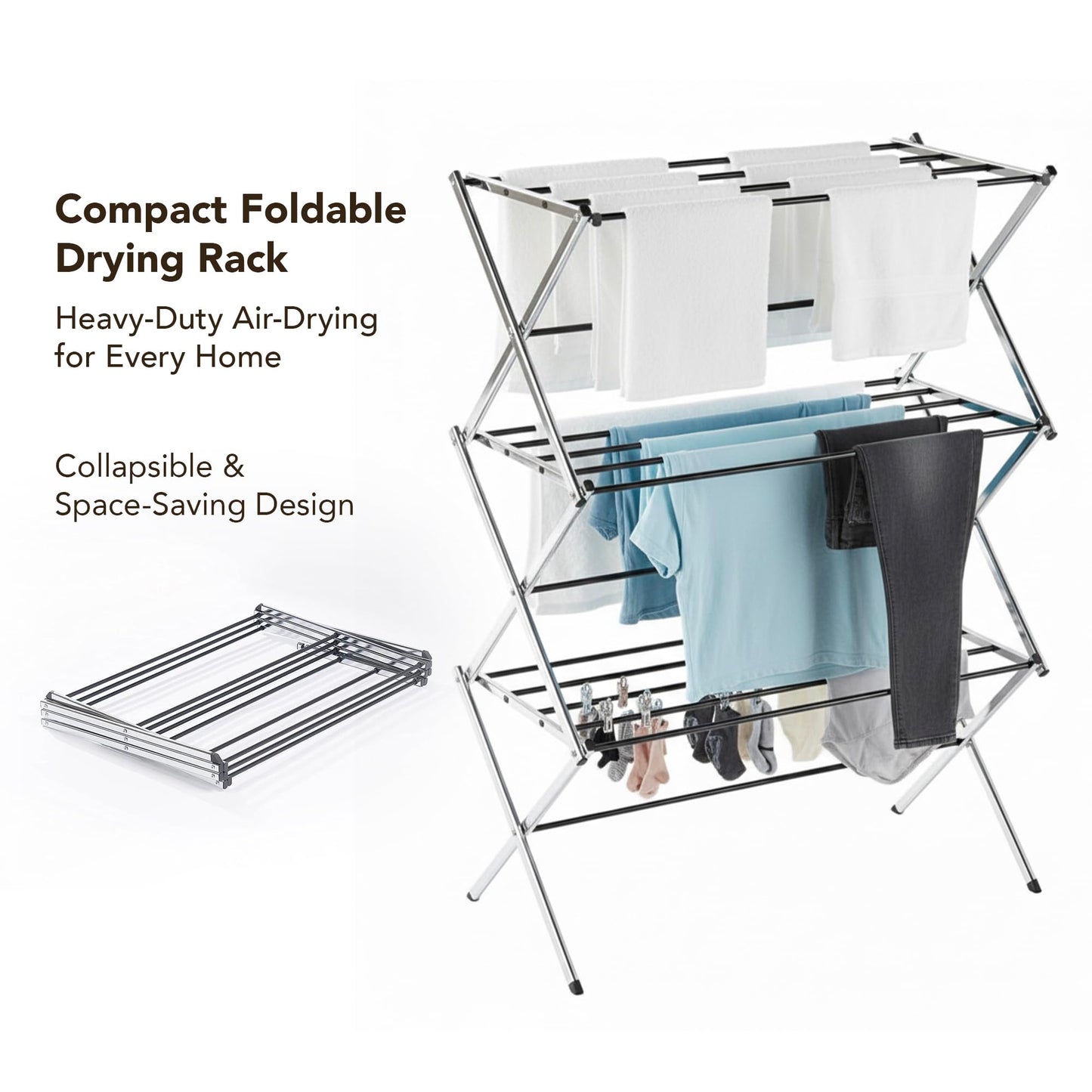 Displays By Jack Portable Collapsible Clothing Dryer Rack, Foldable Drying Rack for Clothes, Lingerie, Towels, Linens, Laundry Home Apartment Must Haves, Metal Chrome Finish