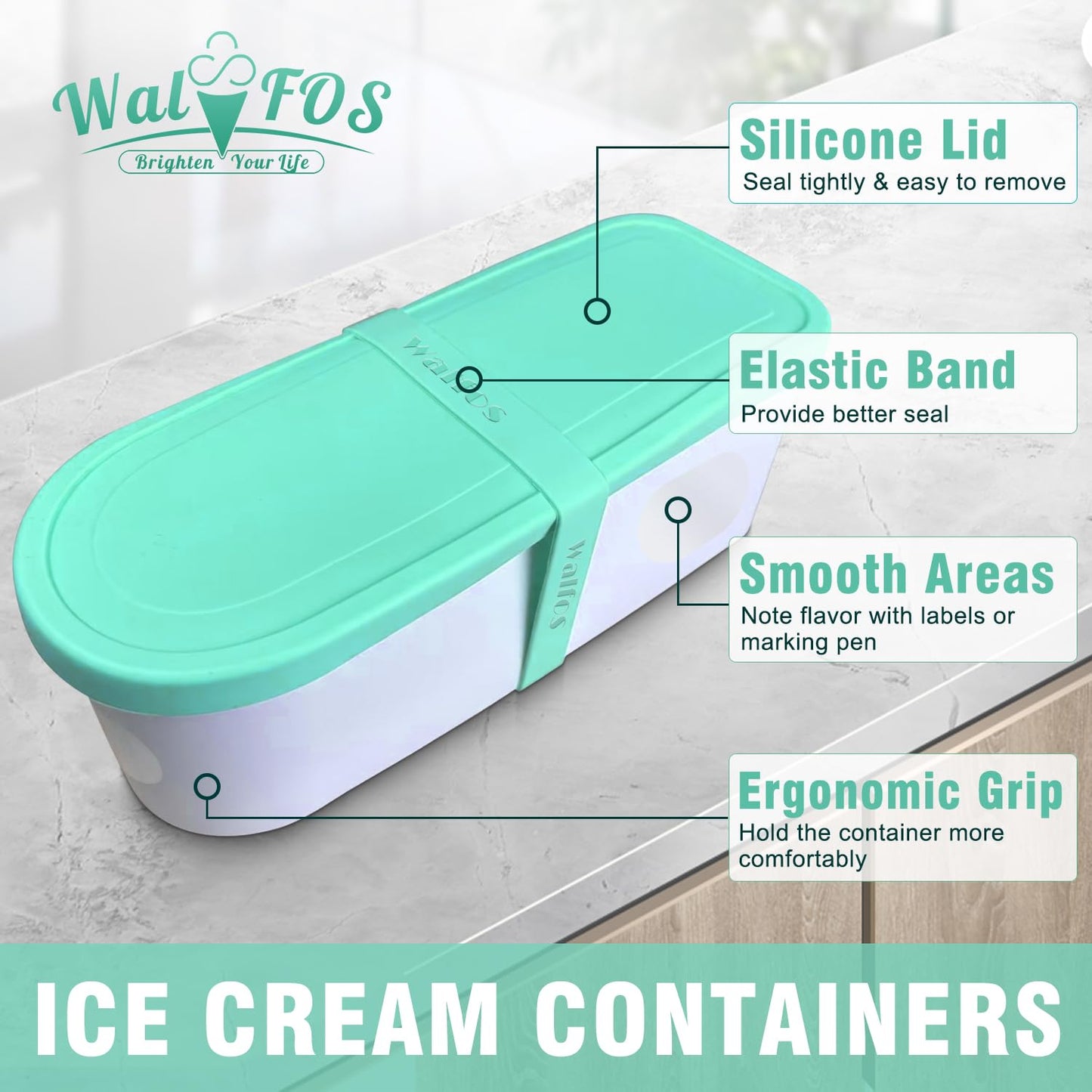 Walfos Ice Cream Containers - 1.6 Quart Each, Reusable Homemade Ice Cream Tubs with Silicone Lids, Stackable Freezer Storage Container for Yogurt, Sorbet, Gelato, Bonus 2 Bands, 12 Stickers, Set of 2