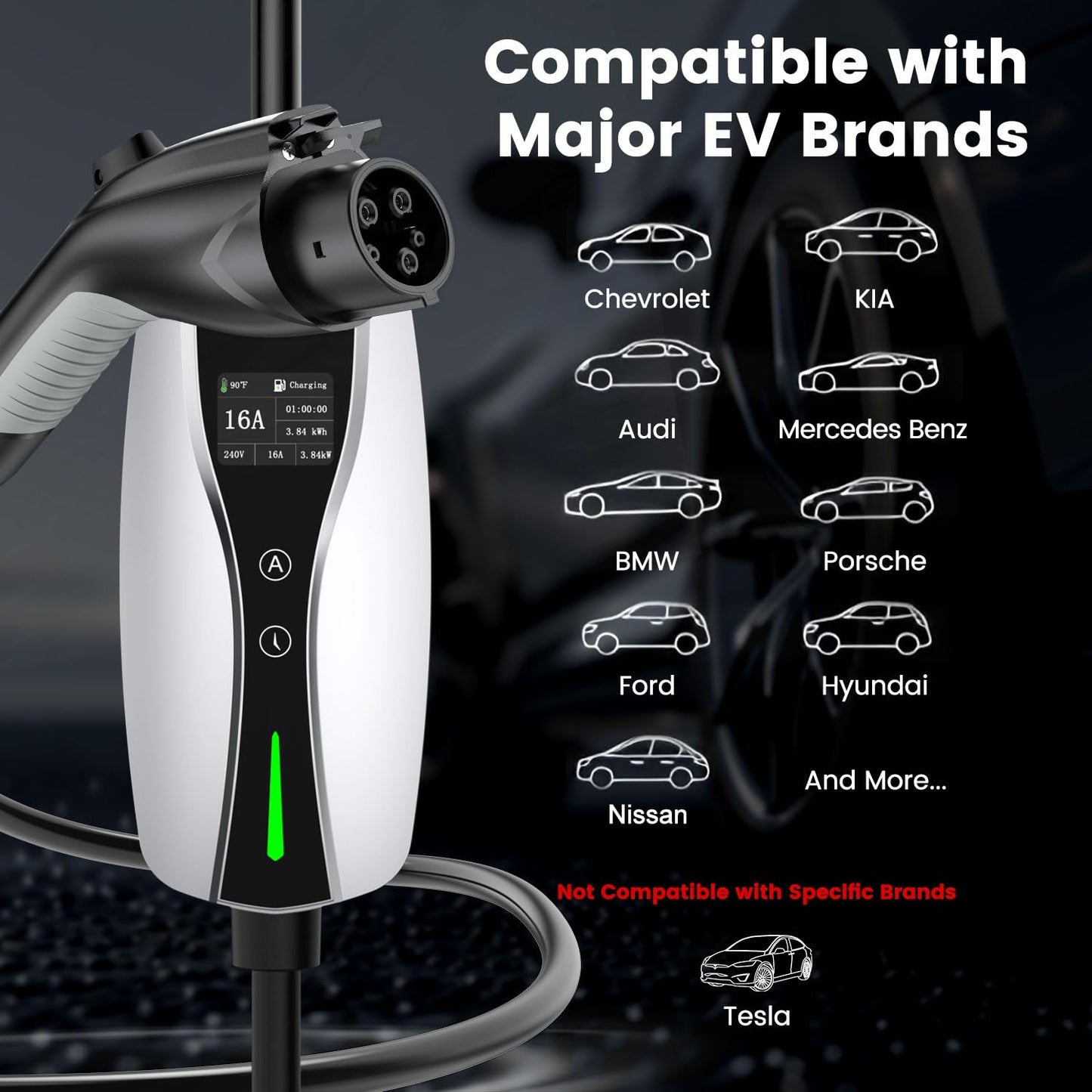 Level 1/2 EV Charger, 16Amp Adjustable Current NEMA 5-15 Plug/NEMA 6-20 Adapter, Timing Delay & LED Display 25FT Cable Portable EV Charging Station for J1772 BEVs/PHEVs 110V-240V(Silver)