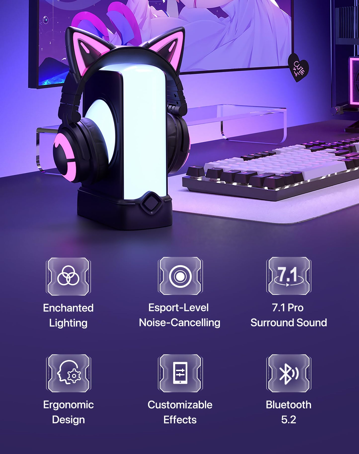 YOWU Cat Ear Headphones CE, Wired/Wireless Blue Gaming Headsets with Seamless Live Sound Experience for PC/PE/Switch/PS4/PS5, Built-in Mic & Customizable RGB Light Effect for Anime Lovers