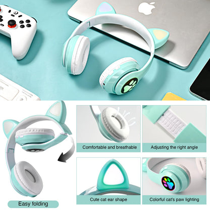 KERHAND Bluetooth Headphones for Kids, Cute Ear Cat Ear LED Light Up Foldable Headphones Stereo Over Ear with Microphone/TF Card Wireless Headphone for iPhone/iPad/Smartphone/Laptop/PC/TV (Green)