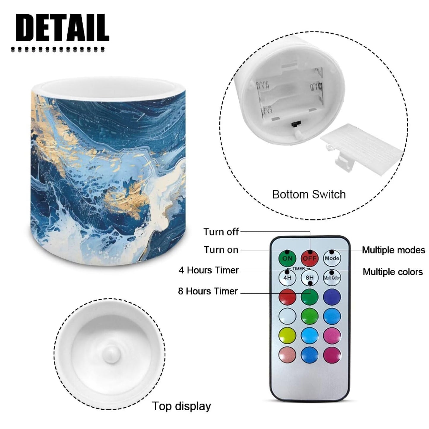 Merkmak Blue Marble Flameless Candles with Remote and Timer Candles Battery Operated LED Pillar Tea Lights for Home Decoration