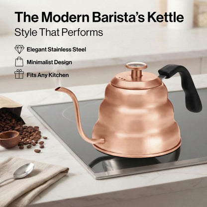 Barista Warrior Gooseneck Kettle with Thermometer - 1.2L Pour Over Coffee & Tea Kettle, Copper Coated Stainless Steel Gooseneck Kettle Pot, Precision Pour Drip Spout, Suitable for All-Stoves (40 floz)