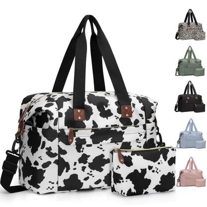 Pritent Travel Duffle Bag, Waterproof Weekender Overnight Hospital Bags for Women Men with Toiletry Bag Lightweight Personal Item Duffle Gym Bag for Travel, Airplanes, Sports(Cow Print, Large)