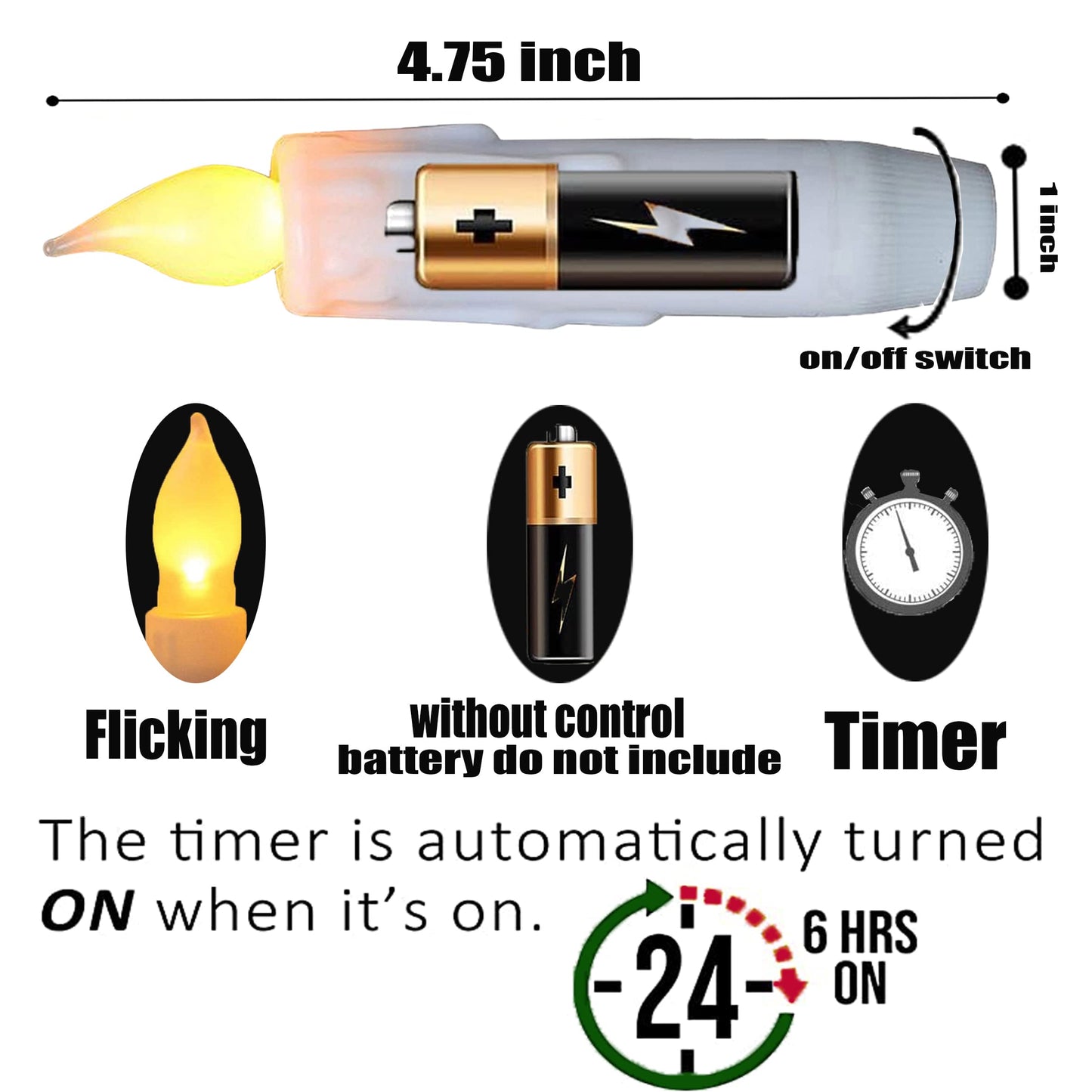 LINCOUNTRY.Short White Taper Candle Battery Operated Flameless Led Taper Candles with Timer,Primitive Small Candlesticks Flickering Flame,4.75Inch Christmas Halloween Decor