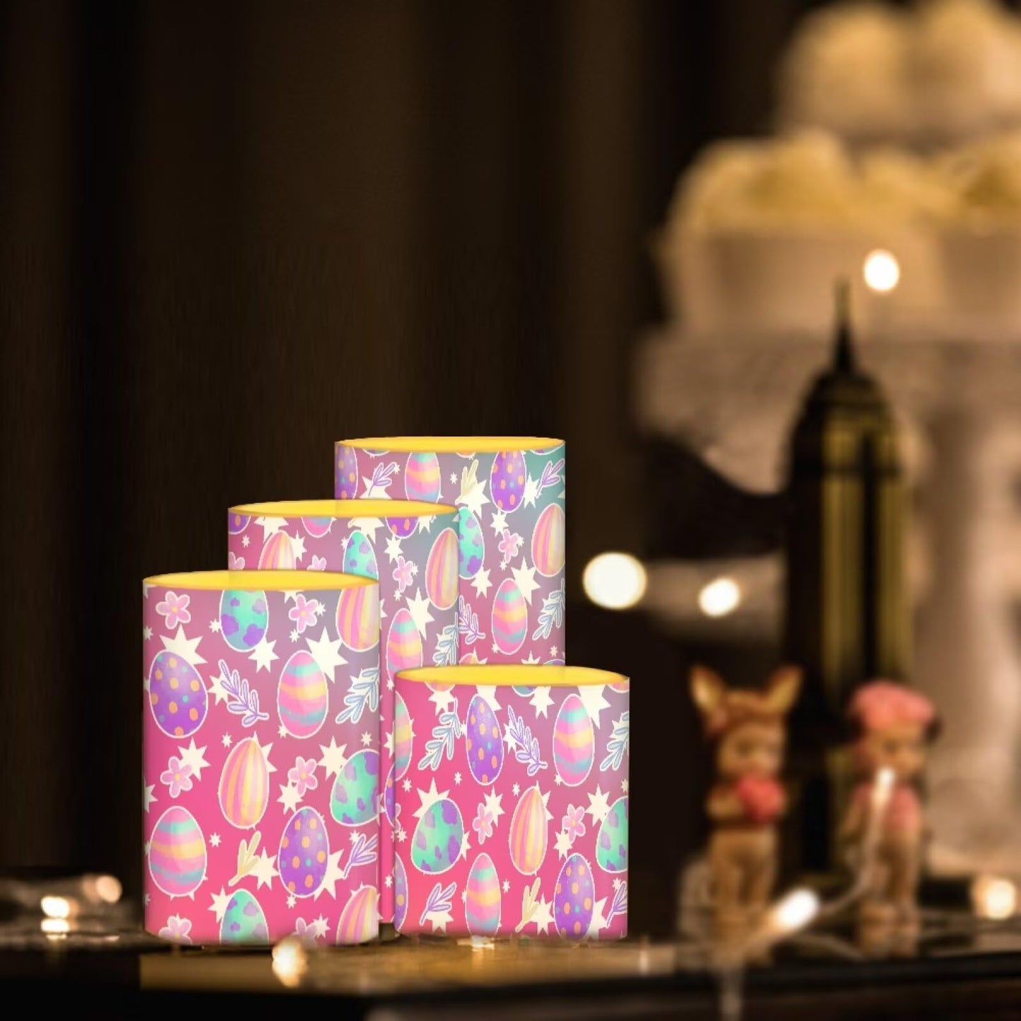NETILGEN Easter Day Decorative Flickering Flameless Candles Set of 4, Battery Powered with Timer Remote LED Pillar Candles Colorful Easter Eggs Print