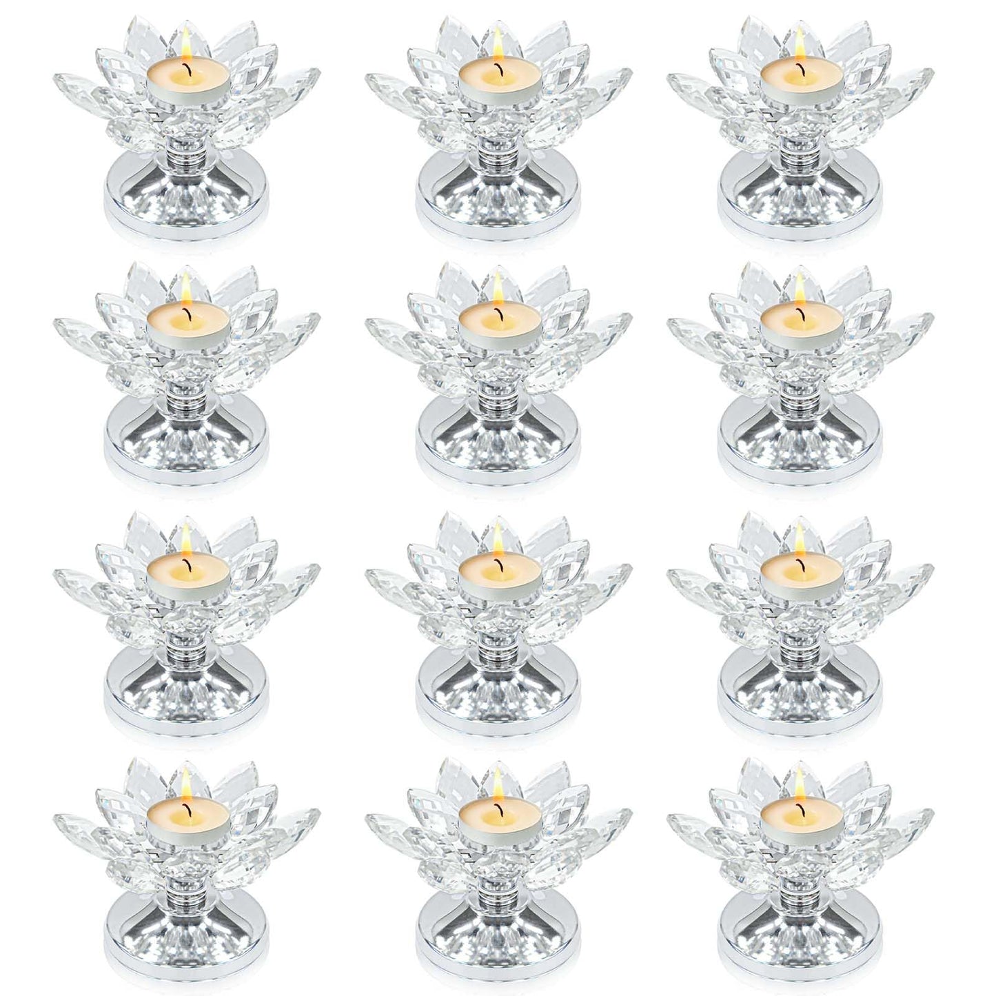 12 PCS Silver Crystal Flower Tea Light Holder, Bulk Glass Tealight Candlestick with Metal Base, Votive Candle for Table Centerpiece, Wedding,Parties Decor, Nice Gift