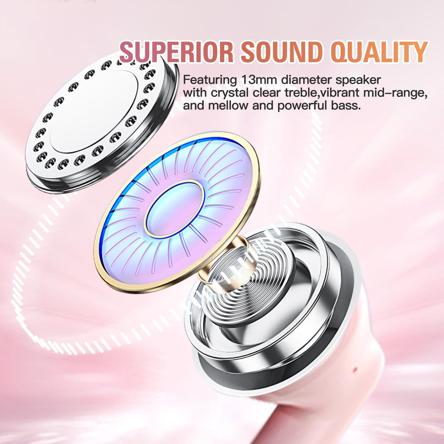 Pink True Wireless Earbuds Bluetooth 5.3 with Microphone for Working Out Noise Canceling Blue Tooth Ear Buds Deep Bass TWS Wireless Earphones with Charging Case in Ear Headphone for iPhone Android