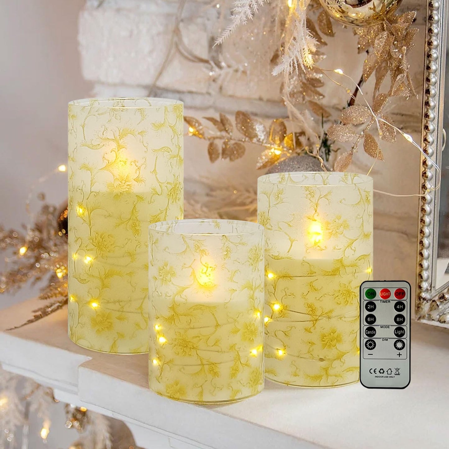 NjaoHoo Flickering Flameless Candles, Recessed String Light LED Candles 3D Wick Acrylic Battery Operated LED Pillar Candles with Remote and Timer for Modern Simple Home Decor Set of 3(Gold Flower)