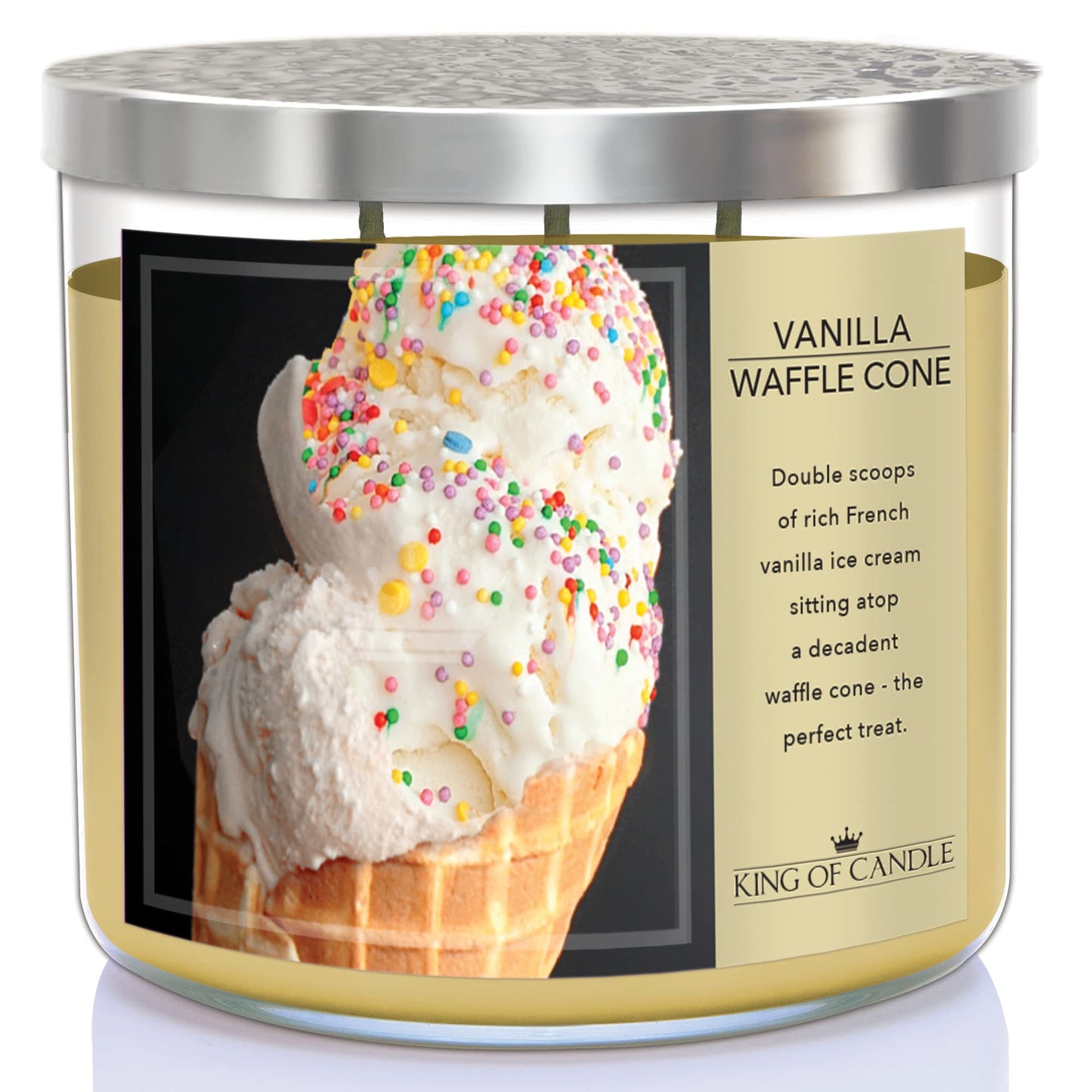 King of Candle - Vanilla Waffle Cone Candle | Large 3 Wick Highly Scented Soy Wax/Long Lasting/Vanilla Bean Ice Cream Scented Candle | 14 oz + Decorative Lid