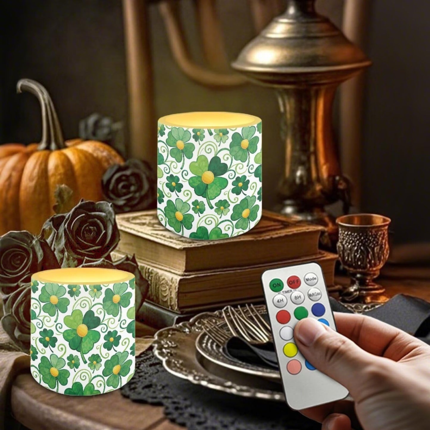 Merkmak 4Pcs LED Candles Bulk Stylish Shamrocks Flickering Flameless Candles with Remote and Timer Battery Operated Pillar Tea Lights for Indoor Outdoor St Paddy's Day Party Decoration