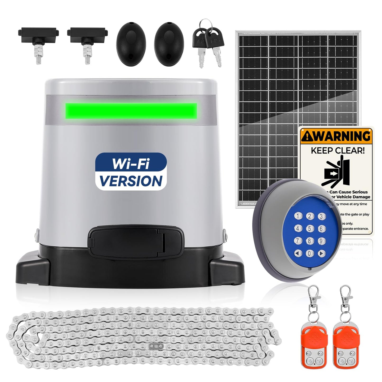 1300lbs Solar Sliding Gate Opener Chain Drive with Built-in Backup Battery, WiFi Remote Control, IR Sensor, Keypad, Automatic Gate Motor, Off-Grid Operation with Solar Panel