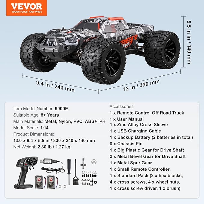 VEVOR Remote Control Car 1:14 Scale RC for Kids All Terrain 4WD Off-Road Monster Truck with 45 Wheelie &amp 2 Batteries 38 km/h High Speed Hobby Racing - Ideal Gift for 8+ Years Kids