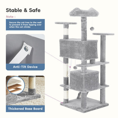 DUMOS 54-inch Indoor Cat Tree Tower –Multi-Level Pet House for Large Cats with 2 Condos, Scratching Posts, Round Platform, Small Ladder, and Toys, Light Grey