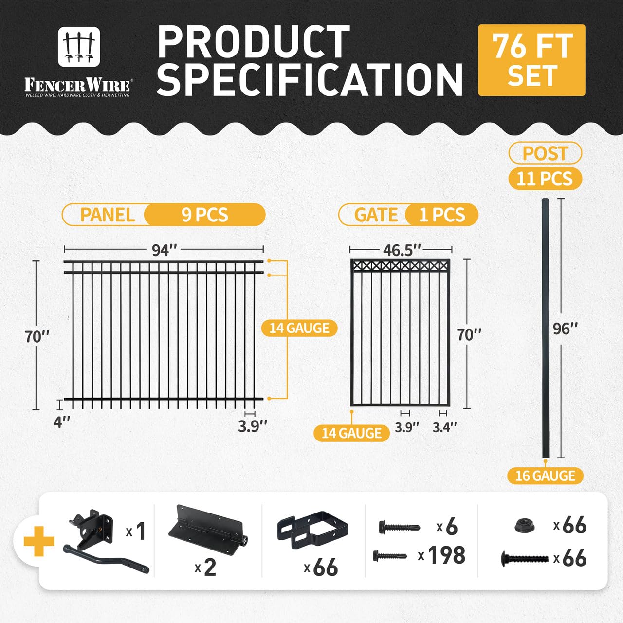 Fencer Wire 76FT Heavy Duty Flat Top Fence Barrier Kit, Anti-Rust Metal Steel Fence with 6FT Height X 8FT Width Panels, with Decorative Gate, Posts, Connectors, Outdoor Fencing for Yard