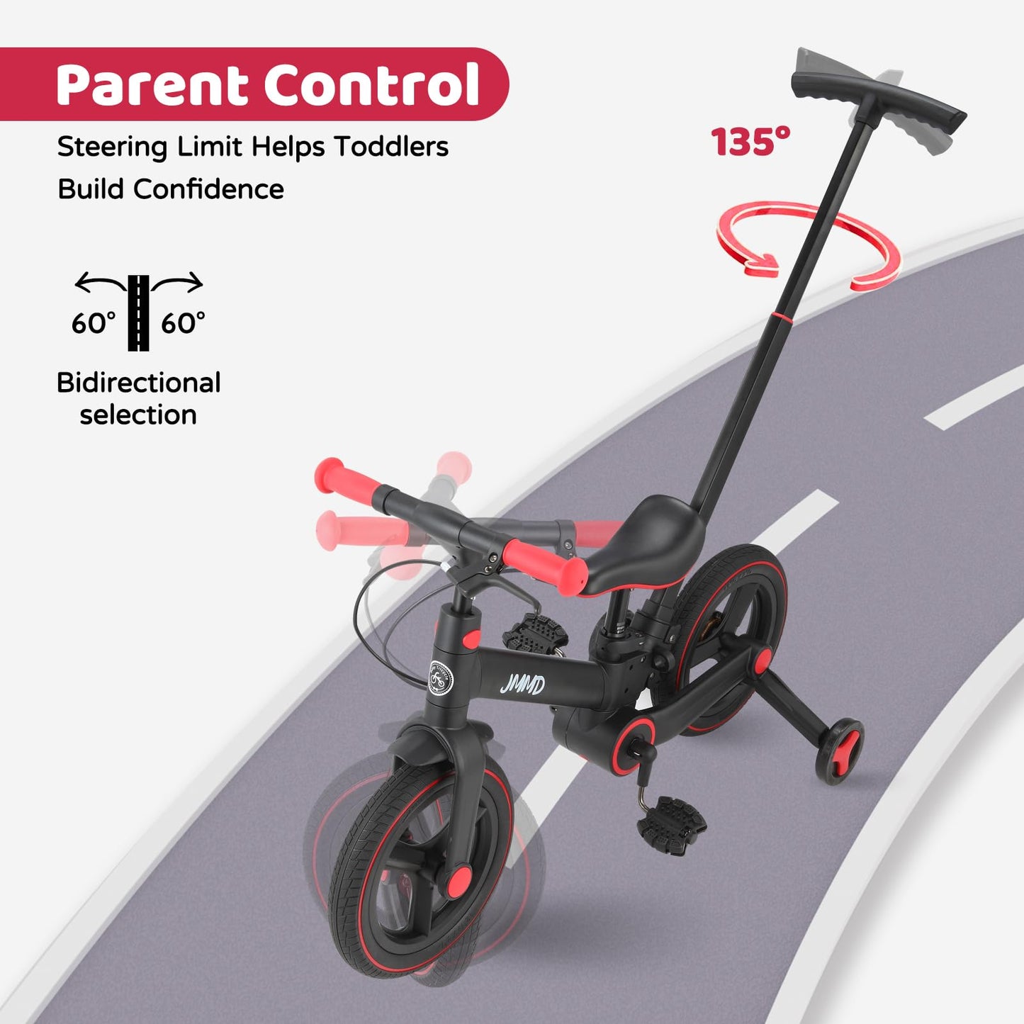 JMMD Toddler Bike with Push Handle for Kids 18-60 Months, 6 in 1 Foldable Push Bike with Training Wheels, Pedals, Brakes, Kickstand, Kid Balance Bike Gift & Toys for Boy & Girl, Black