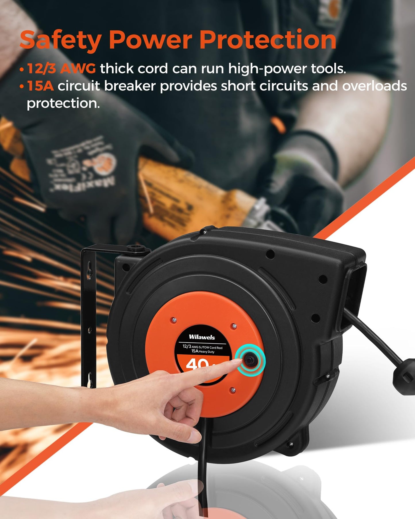 WILAWELS 50 FT 14AWG/3C SJTOW and 45 FT 12AWG/3C SJTOW Retractable Extension Cord Reel Bundle, Heavy Duty Power Cord, 3 Grounded Outlets Lighted Triple Tap, Y50CR06-B45CR06