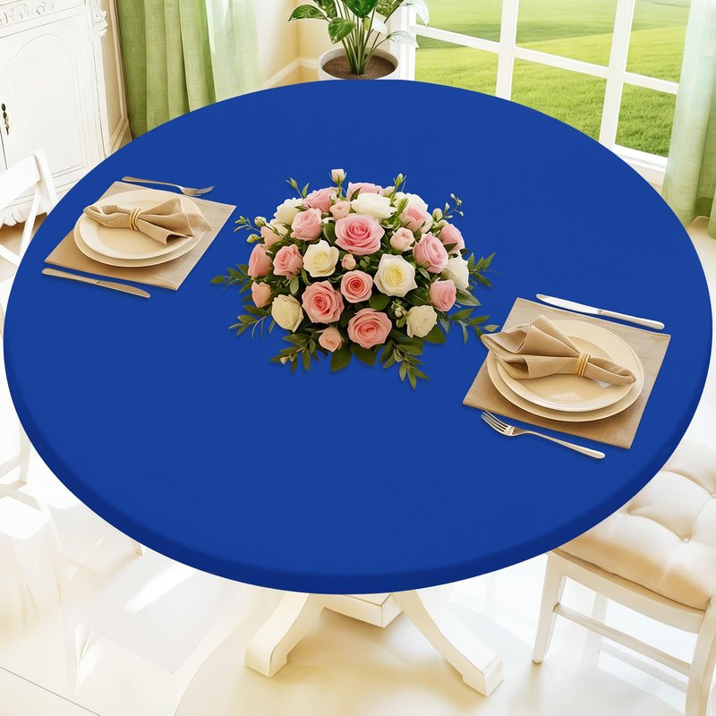 Moosfor Round Spandex Tablecloth, Elastic Fitted Waterproof Tablecloths for 31"-35" Tables, Stretch Washable Picnic Table Cover for Camping, Dining, Indoor and Outdoor, Blue