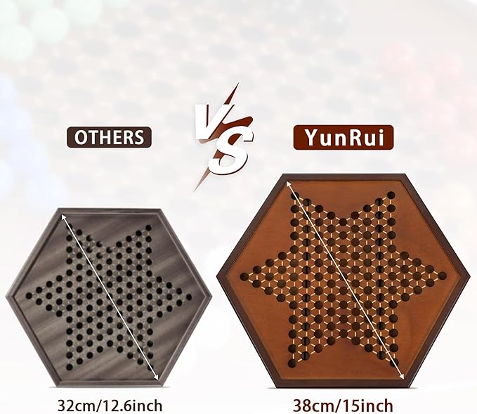 Chinese Checkers 15 x 13 Large Wooden Checkers Board Game Includes 16mm 60+12 Colorful Glass MarblesClassic Strategy Family Board Game for AdultWalnut