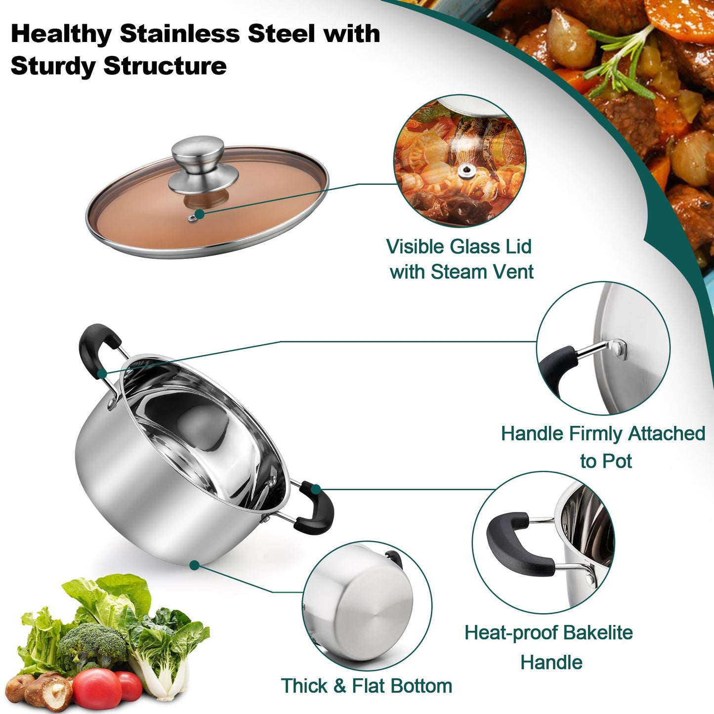 TeamFar 3 Quart Stock Pot, Stainless Steel Stock Pasta Soup Pot with Lid, Tempered Glass Lid & Double Heat-Proof Handles, Non-Toxic & Healthy, Heavy Duty & Dishwasher Safe