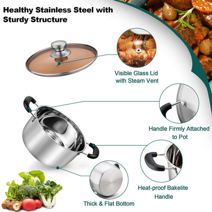 TeamFar 3 Quart Stock Pot, Stainless Steel Stock Pasta Soup Pot with Lid, Tempered Glass Lid & Double Heat-Proof Handles, Non-Toxic & Healthy, Heavy Duty & Dishwasher Safe