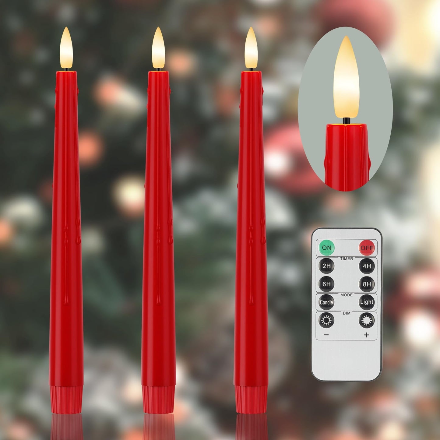 Red Flameless Taper Candles 9.6" Christmas LED Candles Real Wax with Remote Timer, Battery Operated LED Candles Set with 3D Flickering Flame, Classic Flickering Candlesticks for Home, Party, 3 Pack