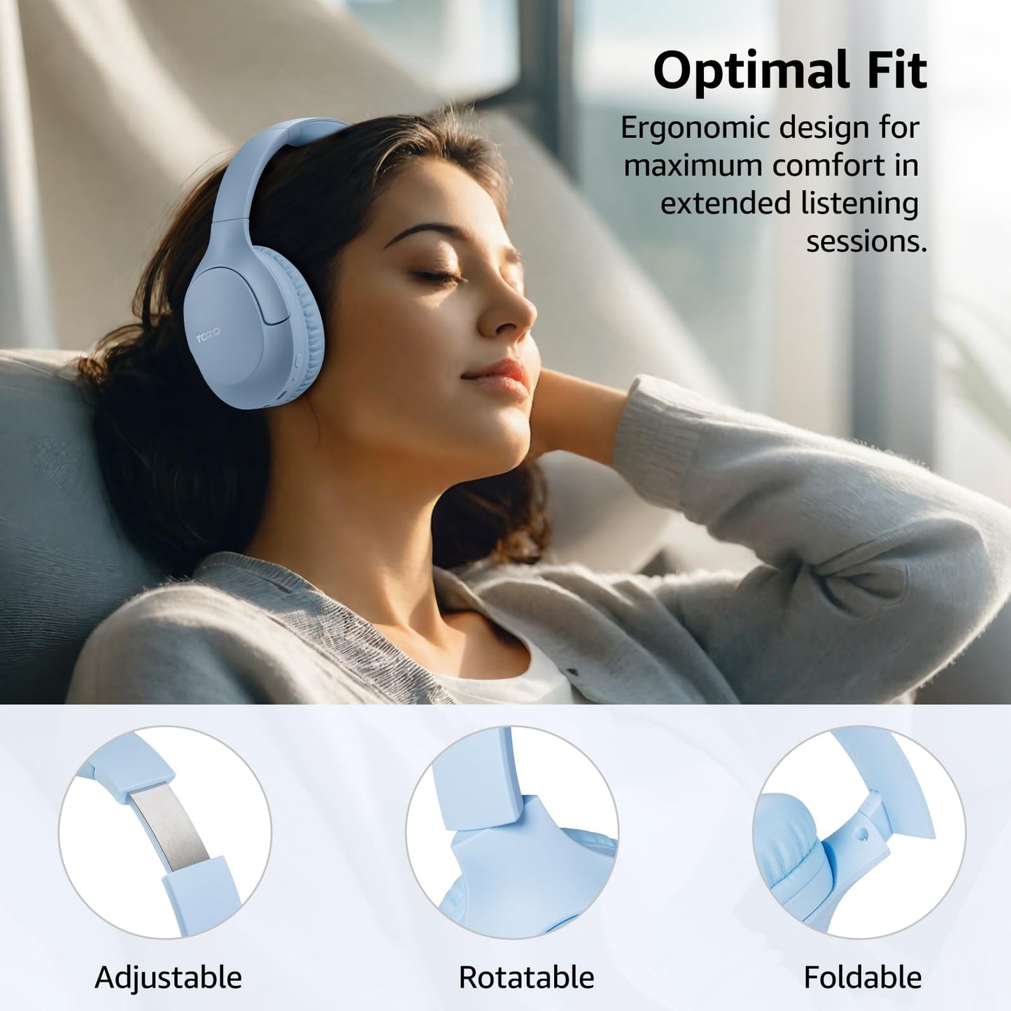 TOZO Bluetooth 5.4 Over Ear Headphones,70H Playtime with Mic,Delay Mode,Foldable Wireless Headset,Deep Bass Stereo Sound,Customizable 32 EQ Music Mode Via Button & App,for Travel and Home, Upgraded