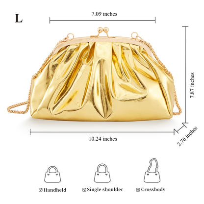 BRYCTSISEN Pleated Evening Vegan Leather Clutch Handbag Purse Metallic PU Cloud Shoulder Bag for Women Evening Purse Handbag (gold-L)