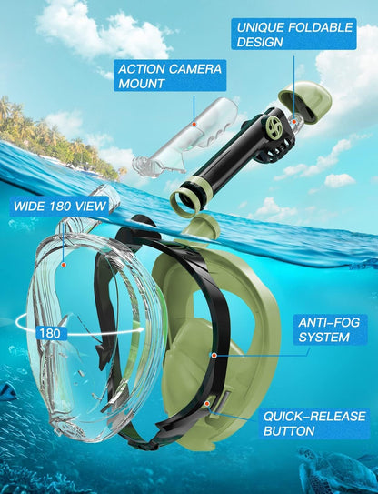 Full Face Snorkel Mask Adults,Dry-Top Snorkeling Gear with Camera Mount,Foldable 180-Degree Panoramic Scuba Mask for Snorkeling Diving Swimming Travel,Snorkel Mask Anti-Fog & Anti-Leak