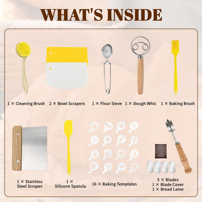 Sourdough Bread Baking Tool Set with Bread Lame & Blades Danish Dough Whisk Bowl Scraper Dough Scraper, Cleaning Brushand Silicone Brush Filter Tennis Ball,Spraying template, Sourdough Starter Kit