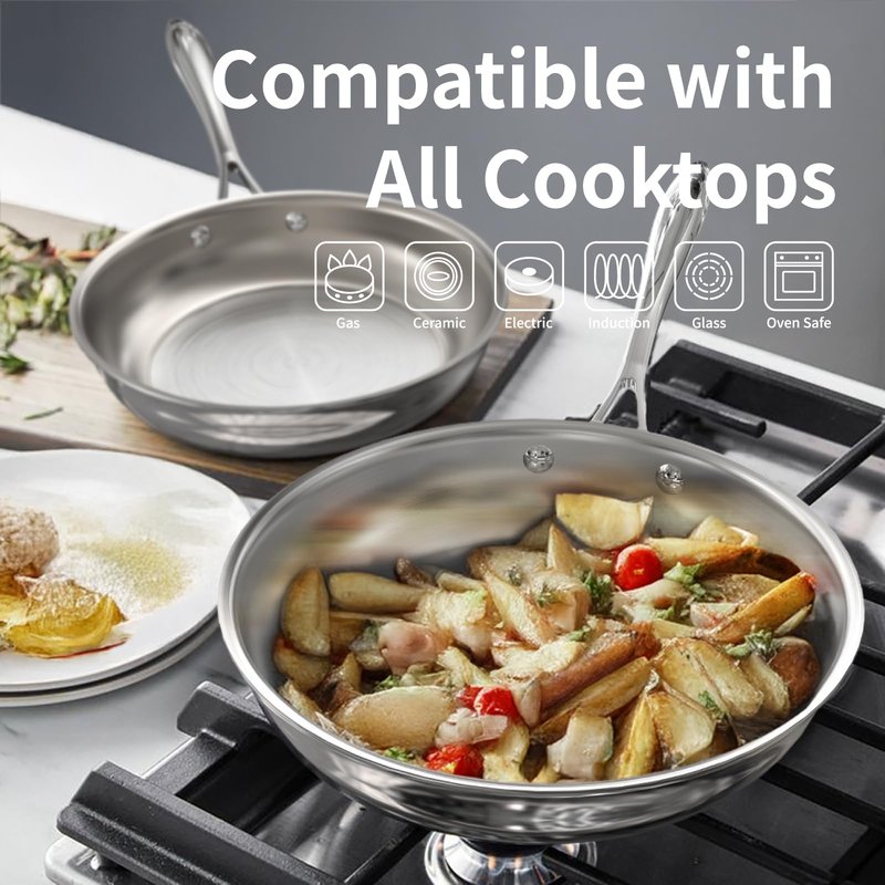 SANFELA Cookware, 10 Piece Stainless Steel Pot and Pan Set, 5 Ply Clad, Includes Frying Pans, Saucepans, Saute Pan and Stock Pot, Compatible with All Cooktops, PTFE, PFAS and PFOA Free