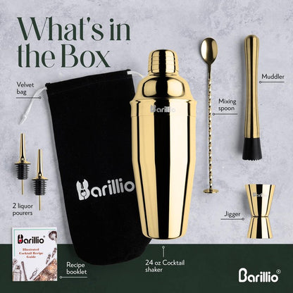 Barillio Gold Mixology Bartender Kit - 8 pcs Stainless Steel Travel Cocktail Shaker Set with Bag - Bar Tools Set with Martini Shaker, Drink Mixer Spoon & Mojito Muddler for Cocktails, Pourers & Jigger