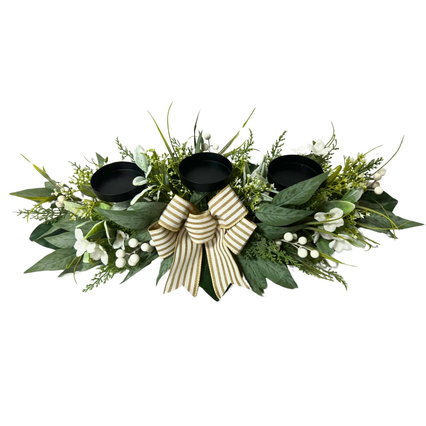 Candle Holder Centerpiece for Table,3 Wick Candle Holder with Artificial Gypsophila Flower,Artificial Eucalyptus Leaves Magnolia Holly Berries and Striped Bow for Table Centerpiece Decor,Dining Room