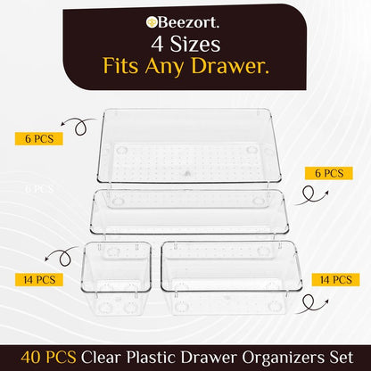 Beezort 40 PCS Clear Drawer Organizer Set, BPA-Free PET Plastic Trays with Non-Slip Pads, Nesting Storage Organizers for Kitchen Drawer, Bathroom, Vanity Makeup, Office Desk