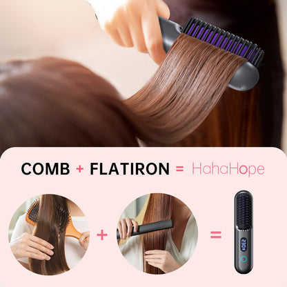 Cordless Hair Straightener Brush-Portable Straightening Comb, 9600mAh Batt, Plasma Tech, 9 Temp-Settings & LED Display, for Travel & Home(Pink)