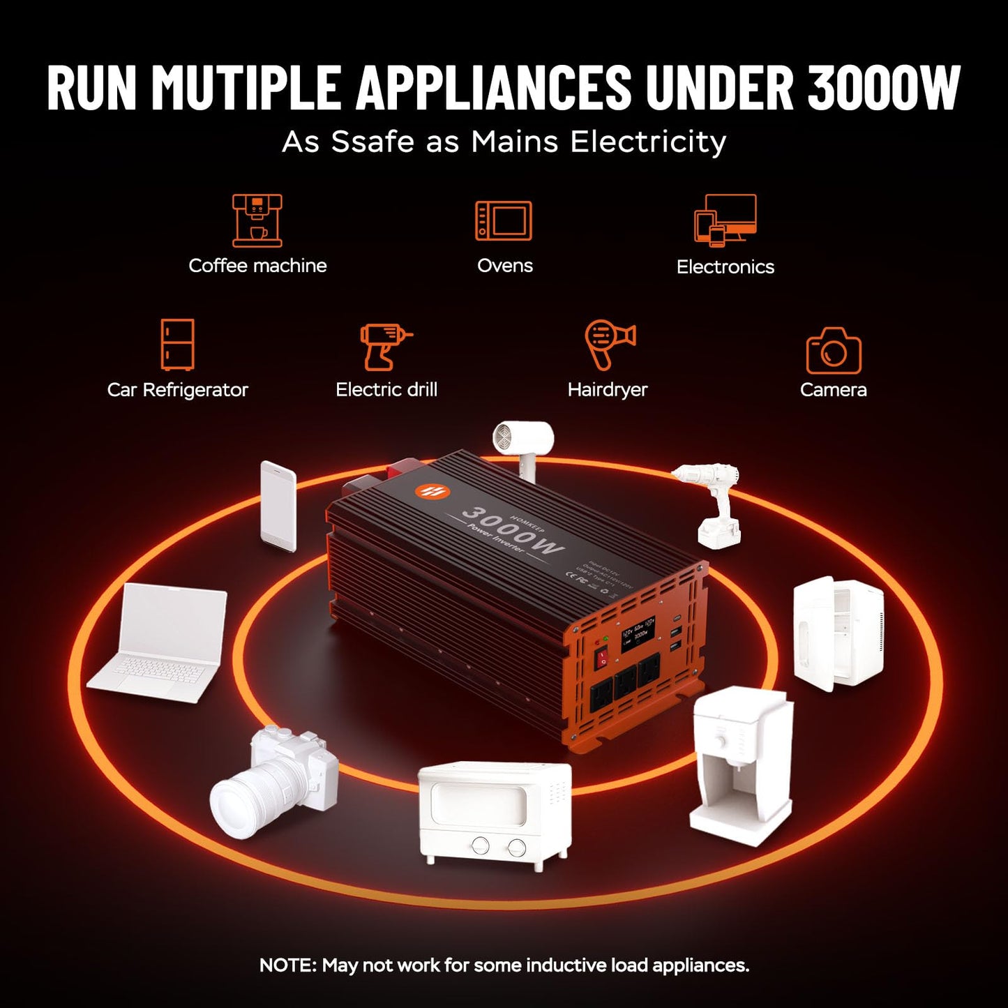 3000 Watt Power Inverter 12V DC to 110V/120V AC Converter Peak Power 6000W Car Inverter with LCD Display 3 AC Outlets, 2 USB & Type-C Port for RV,Truck,Off-Grid Solar System with Remote Controller