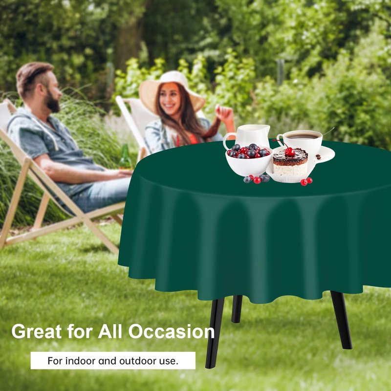QIKSION Dark Green Round Tablecloth 2 Pack, 84 Inch Plastic Table Cover Disposable for Parties
