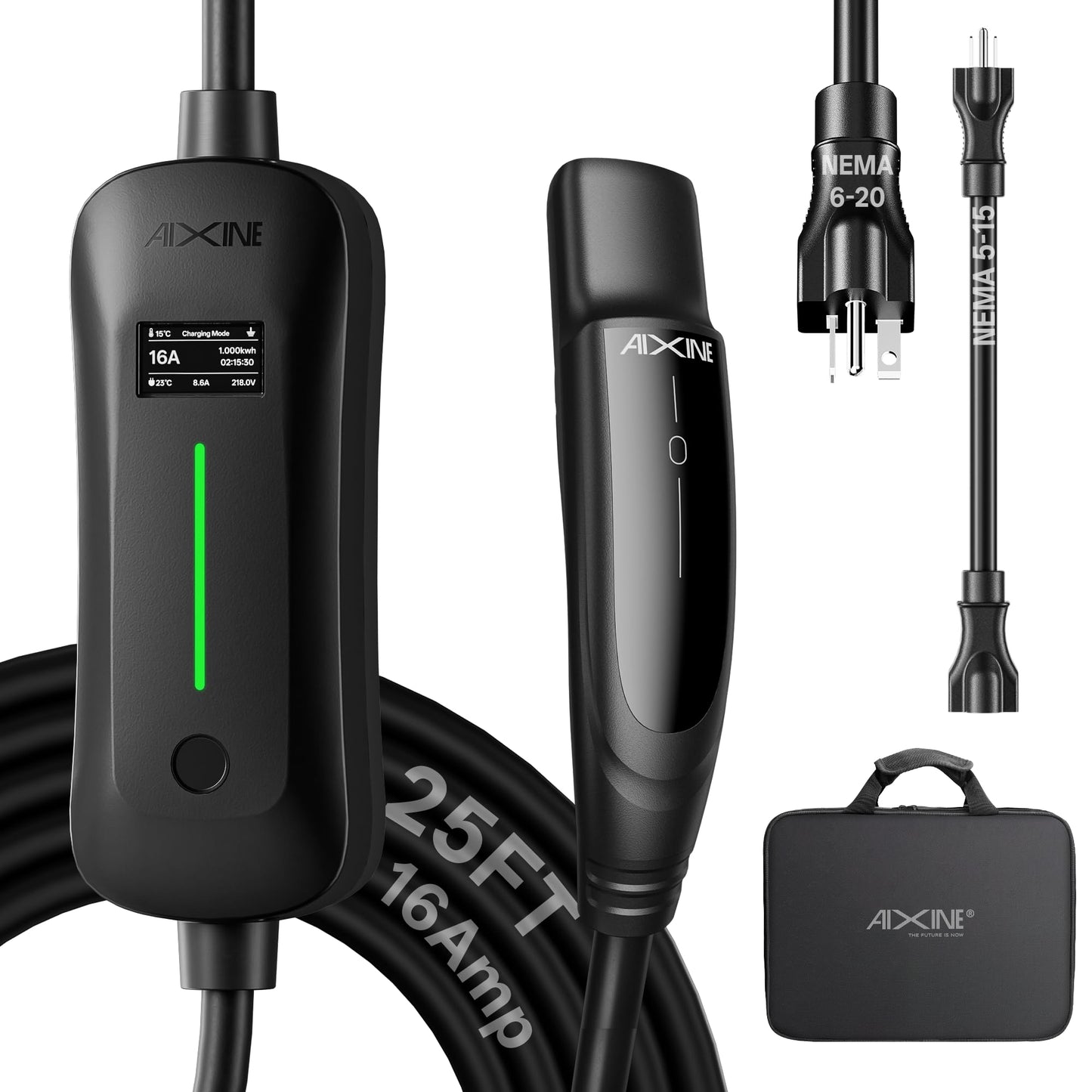 AIXINE Level 1&2 EV Charger,Tesla EV Charger NACS 16A with 25FT Extension Cord Cable,Portable Electric Car Charger 240V NEMA 6-20 Plug&120V NEMA 5-15 Adapter Compatible with All Tesla Models