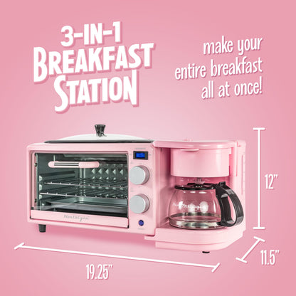 Nostalgia 3-in-1 Breakfast Station - Includes Coffee Maker, Non-Stick Griddle, and 4-Slice Toaster Oven - Versatile Breakfast Maker with Timer - Aqua