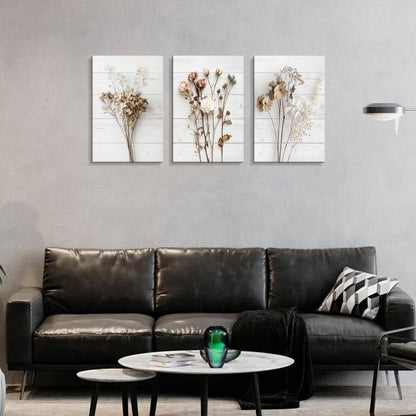 Modern Farmhouse Wall Decor Dried Wildflower Neutral Canvas Print Still Life Wall Art for Bedroom Aesthetic Rustic Floral Wall Art for Living Room Wall Decoration Stretched Set of 3 Pieces 16x24inches
