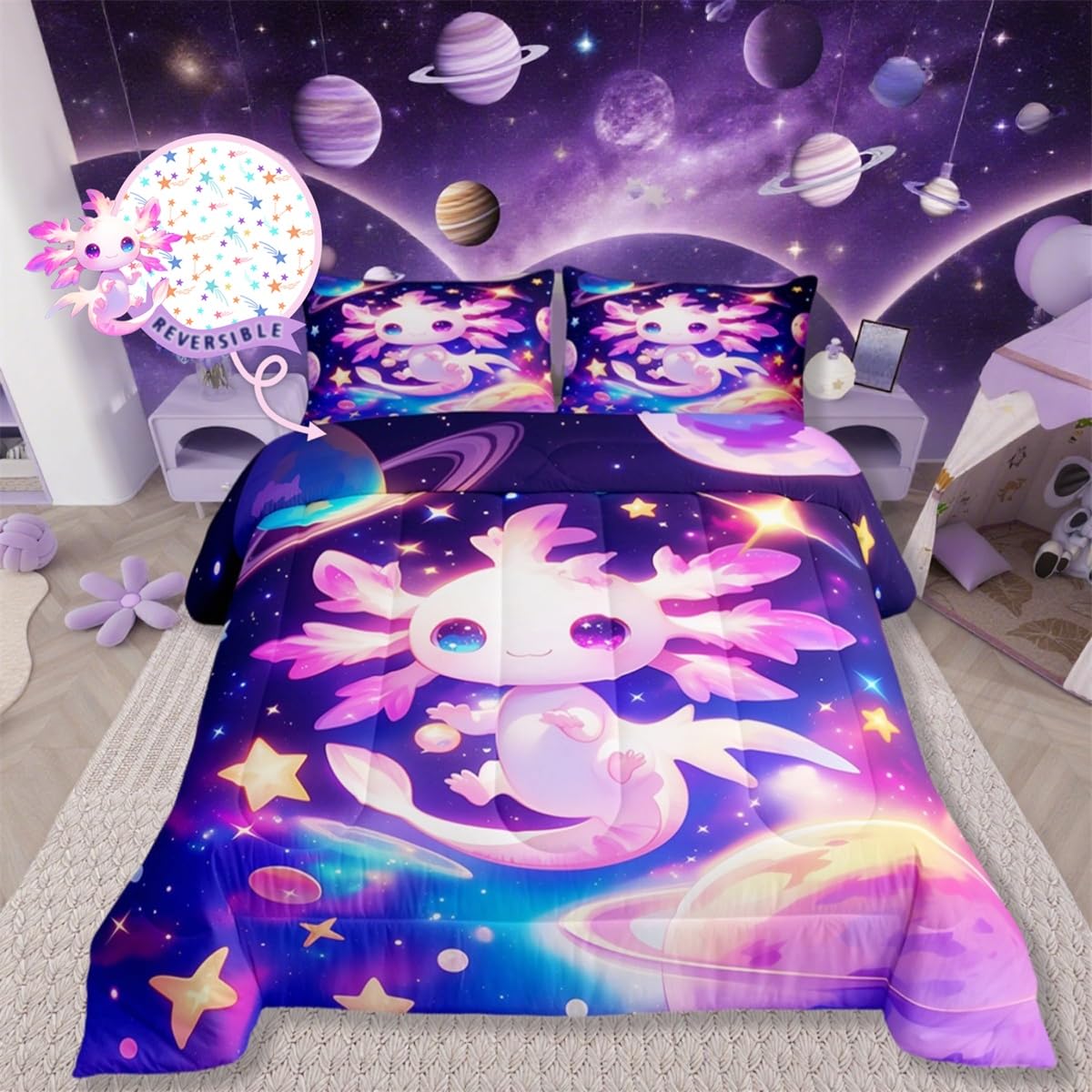 Erosebridal Axolotl Quilt Queen Size for Kids Boys Girls,Galaxy Planet Space Bedding Set Cartoon Animal Comforter Set Purple Dreamy Starry Bedding Comforter Sets