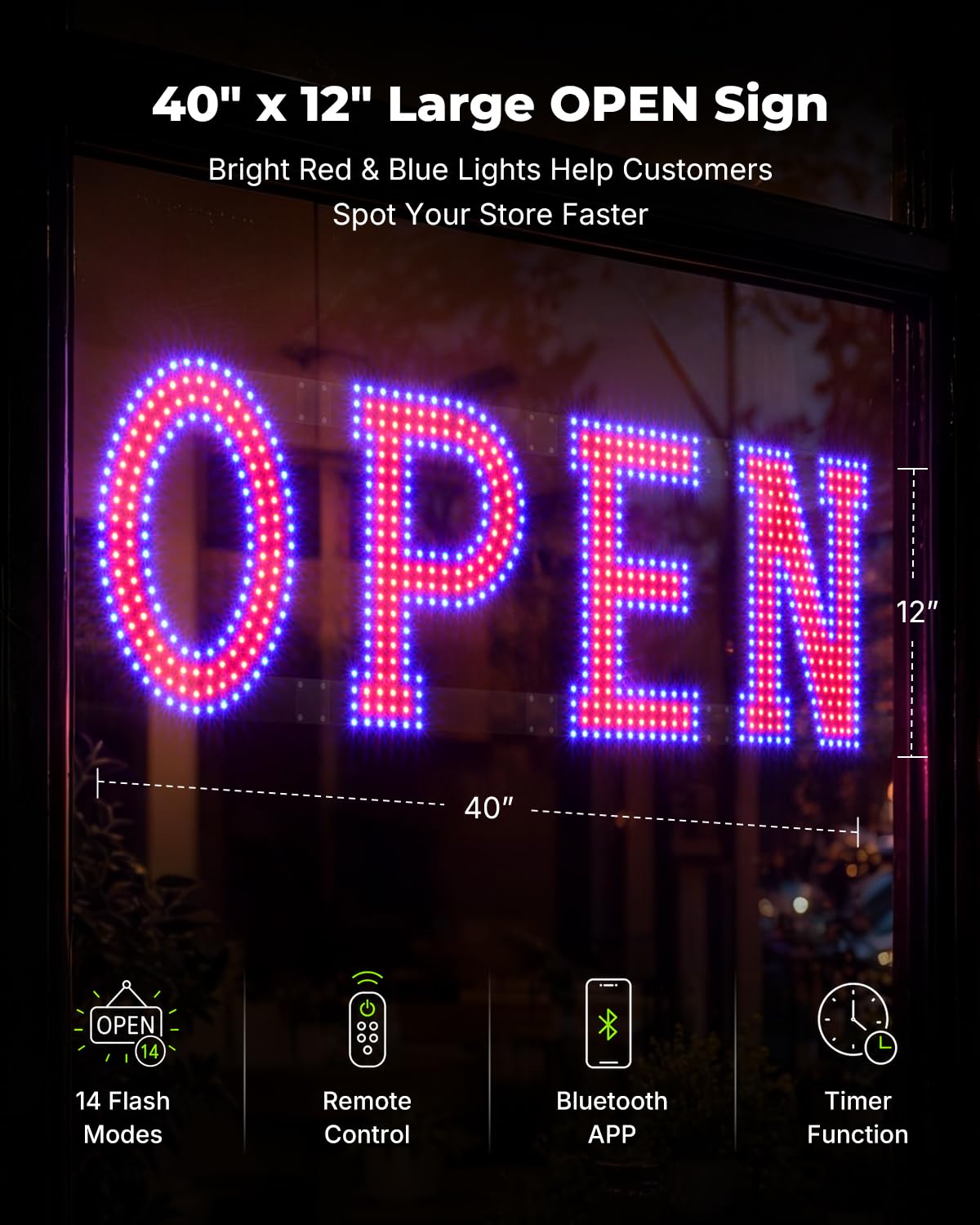 LemonNova Red Blue Open Sign for Business, 40 x 12 Inch LED Window Sign with Remote and Bluetooth App Control, Timer, 14 Flashing Modes, Adjustable Brightness Speed for Salon Cafe Bar Restaurant Retail