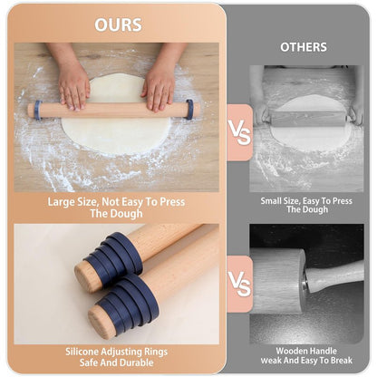 Adjustable 17.5 Inches Wood Rolling Pin with Thickness Rings for Baking -Non Stick Wooden Dough Roller Pin with Spacer Bands for Cookie,Pie Crust, Pastry Fondant By Folksy Super Kitchen(17.5, Grey)