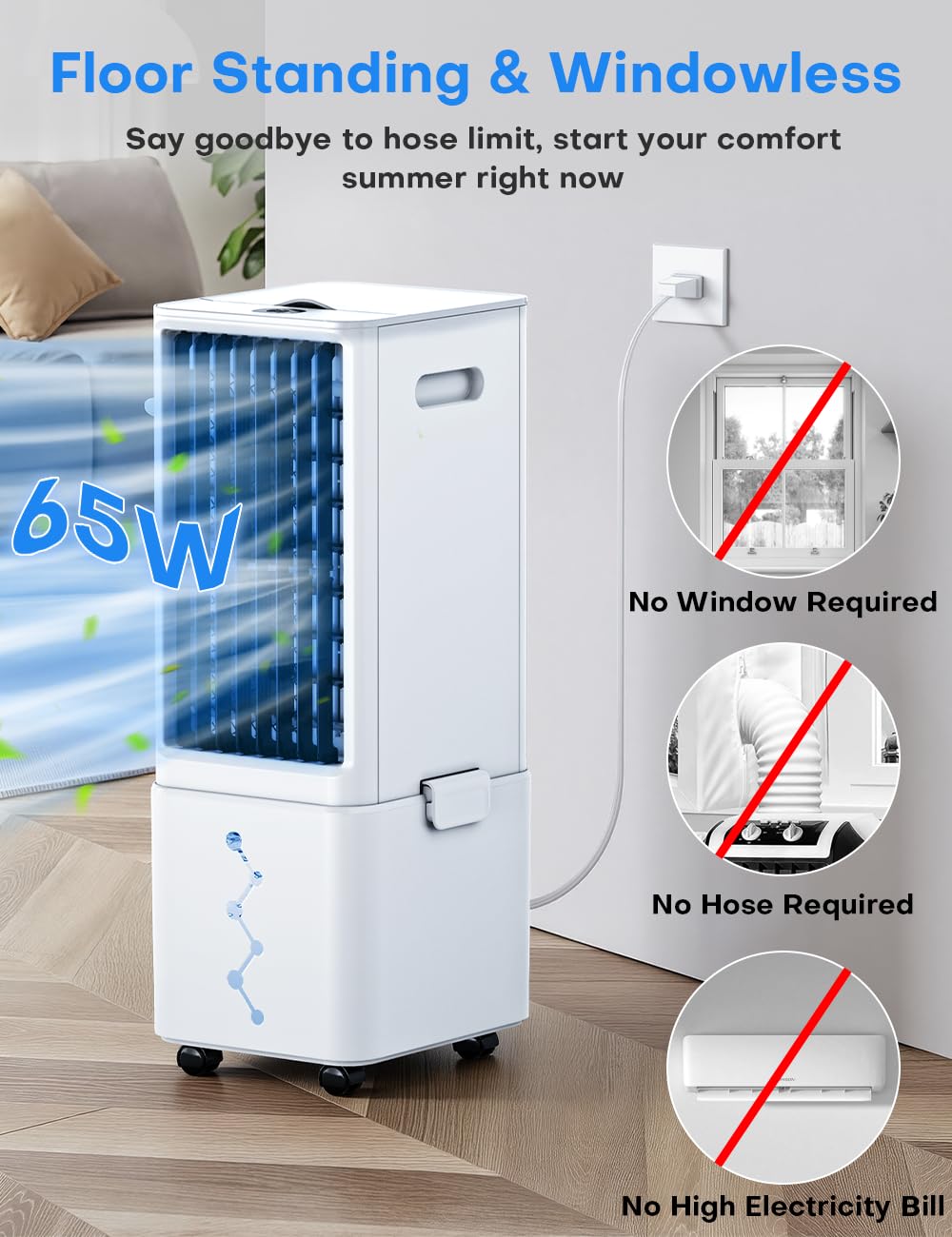 COOLECH Windowless Air Conditioner w/4 Mode&3 Speed, Waterless Alert, 2.4-Gal Tank for 24H Cooling, 12H Timer,20FT Remote, 70° Auto Swing Evaporative Air Cooler, Portable Air Conditioners for Bedrooms