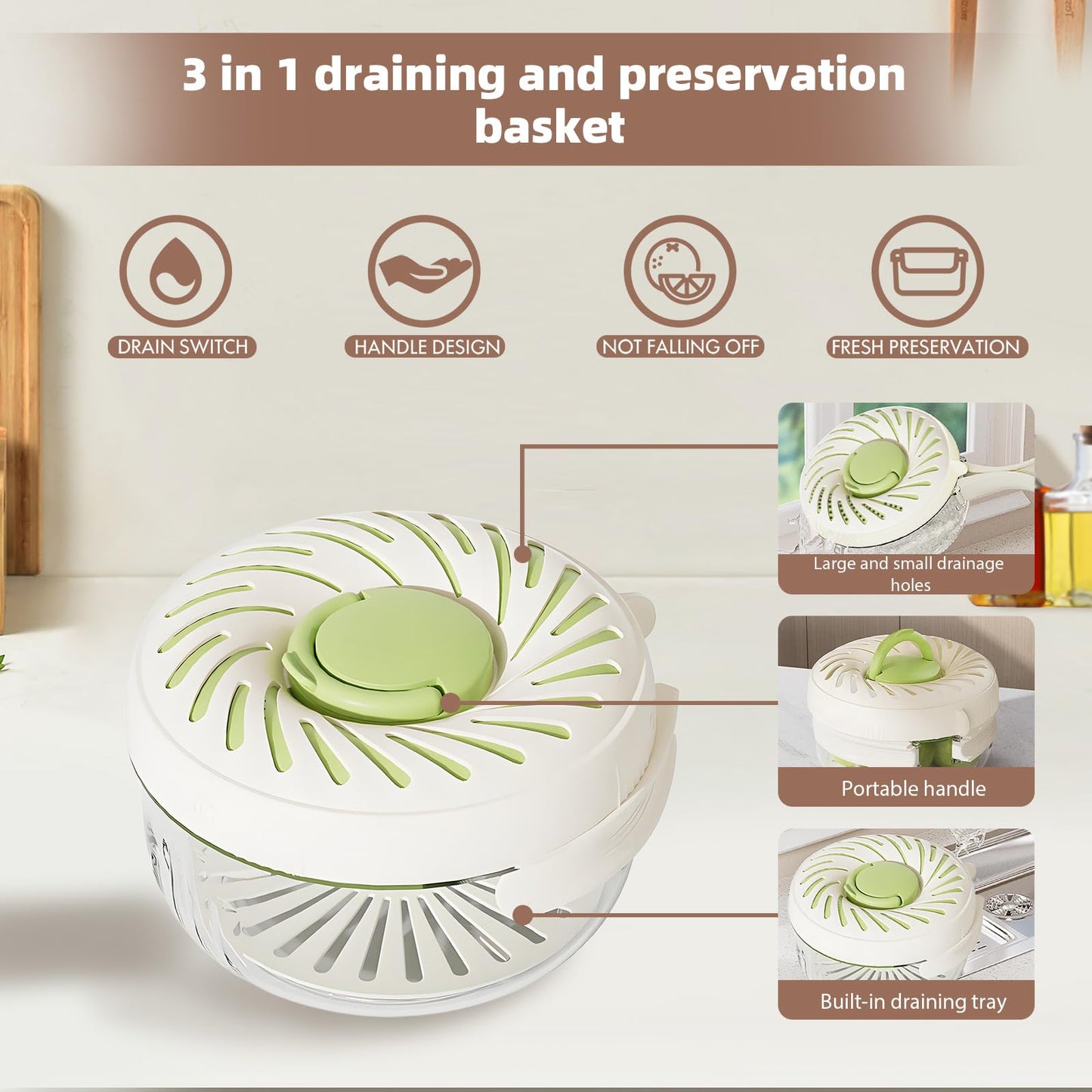 Upgraded Fruit Washing Bowl with Strainer,BPA-Free Drain Basket for Lid& Ice Compartment,Multifunctional Berry Washer,Foldable Handle Strainer and Colander for Fridge Storage or Picnic Camping(2.85QT)
