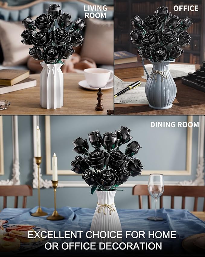 Black Roses Flowers Building Sets Artificial Bouquet Botanical Collection Building Blocks for Adults Gothic Home Decor Christmas Birthday Gift for Adults Women Girls Age 8-12 (512Pcs)