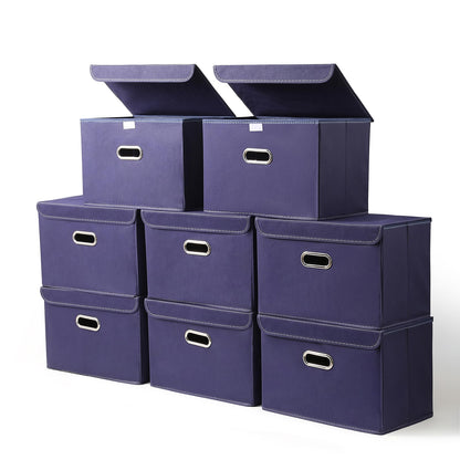 STOREONE Fabric Storage Cube Bins Foldable Organizer Container Collapsible Basket with Lids and Metal Handles, for Home, Bedroom, Closet 8 Pcs (Navy Blue)
